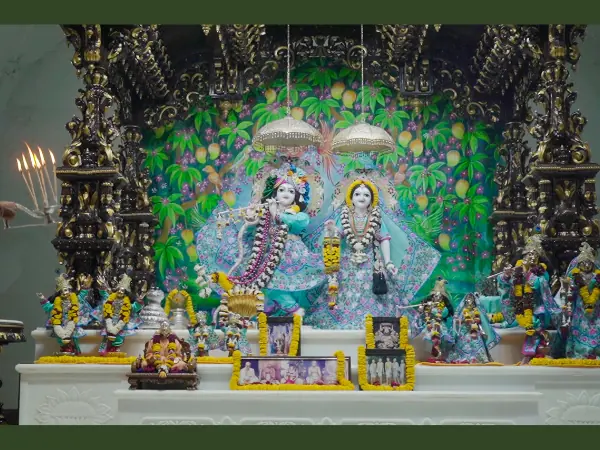 Sri Radha Krishna deities at the decorated temple altar in Vrindavan