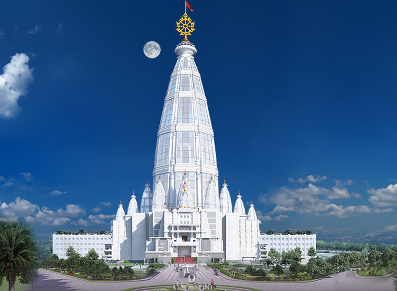 Architectural vision of Vrindavan Chandrodaya Mandir beneath a blue sky